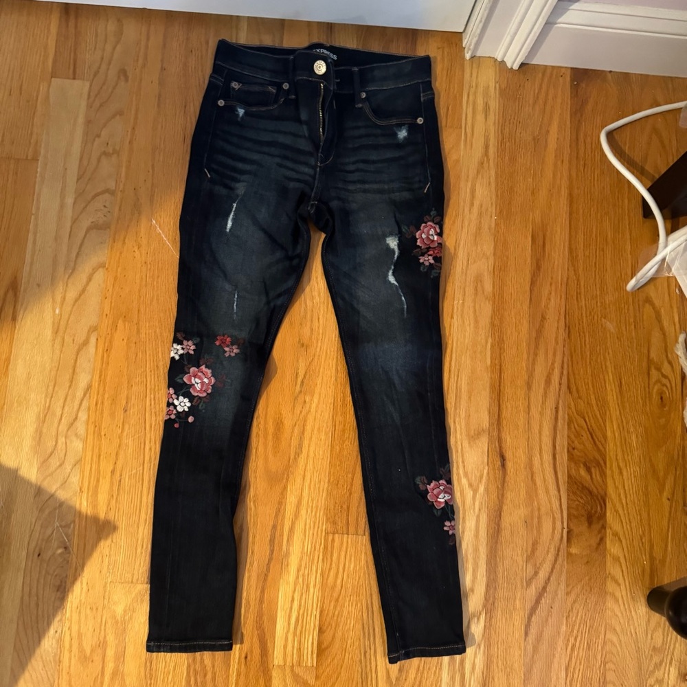 Express Dark Blue Floral embroidered Women's Skinny Jeans